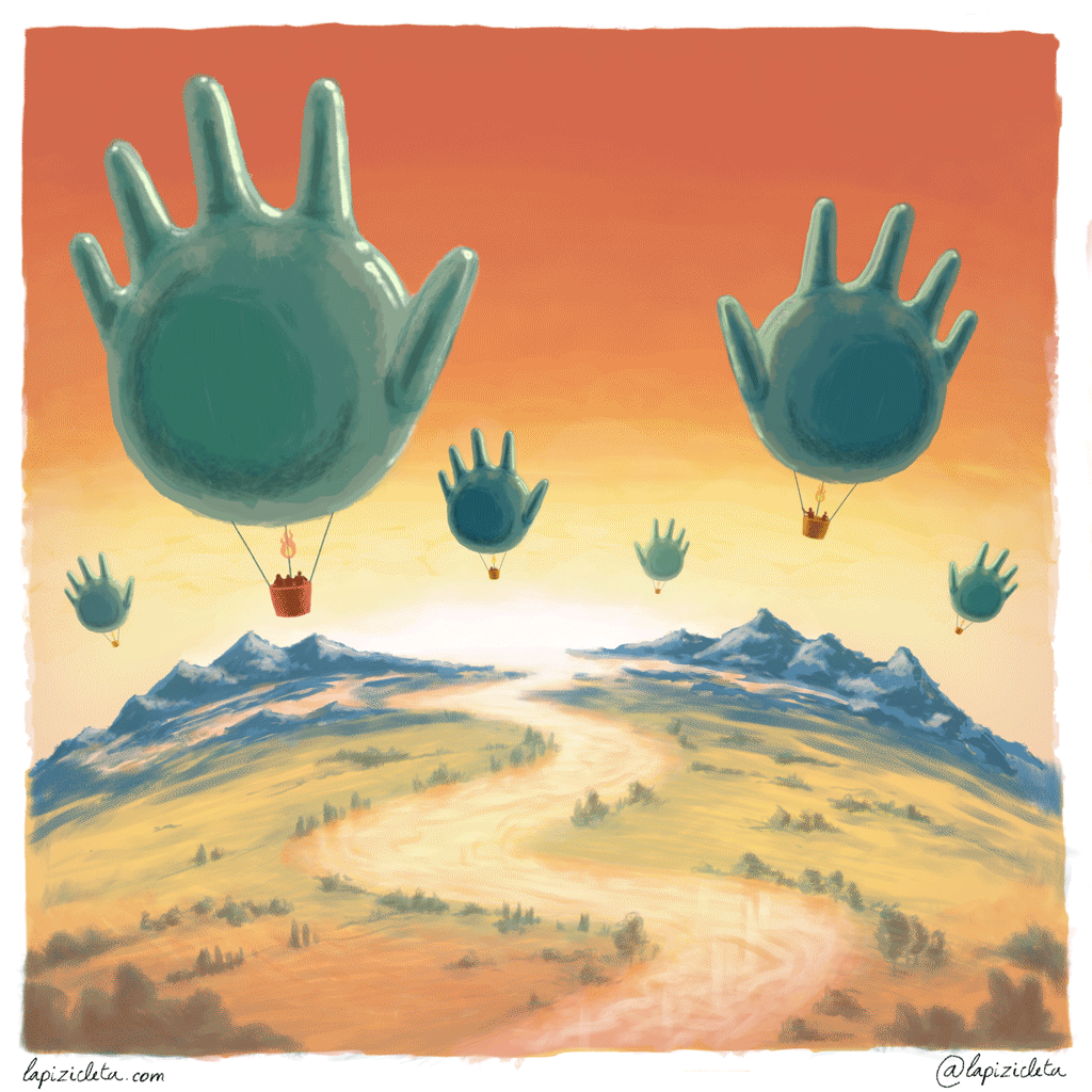 Globos aerostáticos verdes con forma de mano flotando sobre una carretera sinuosa y montañas al atardecer.