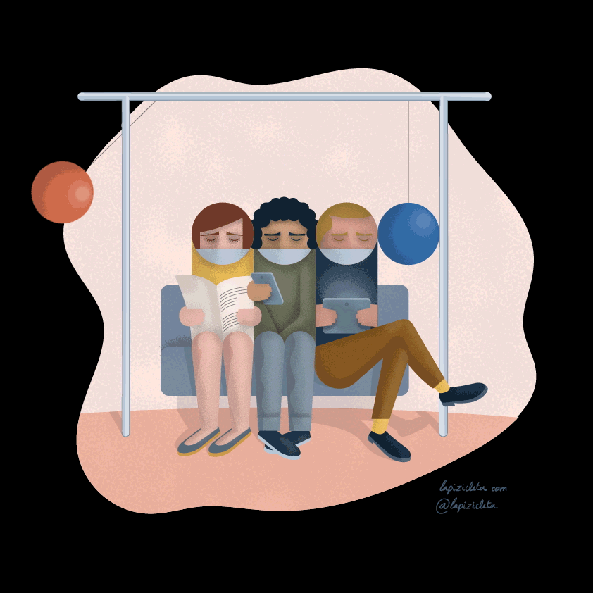 Tres personas con mascarillas sentadas en un banco, consultando un libro y sus teléfonos. Interior, colores apagados.