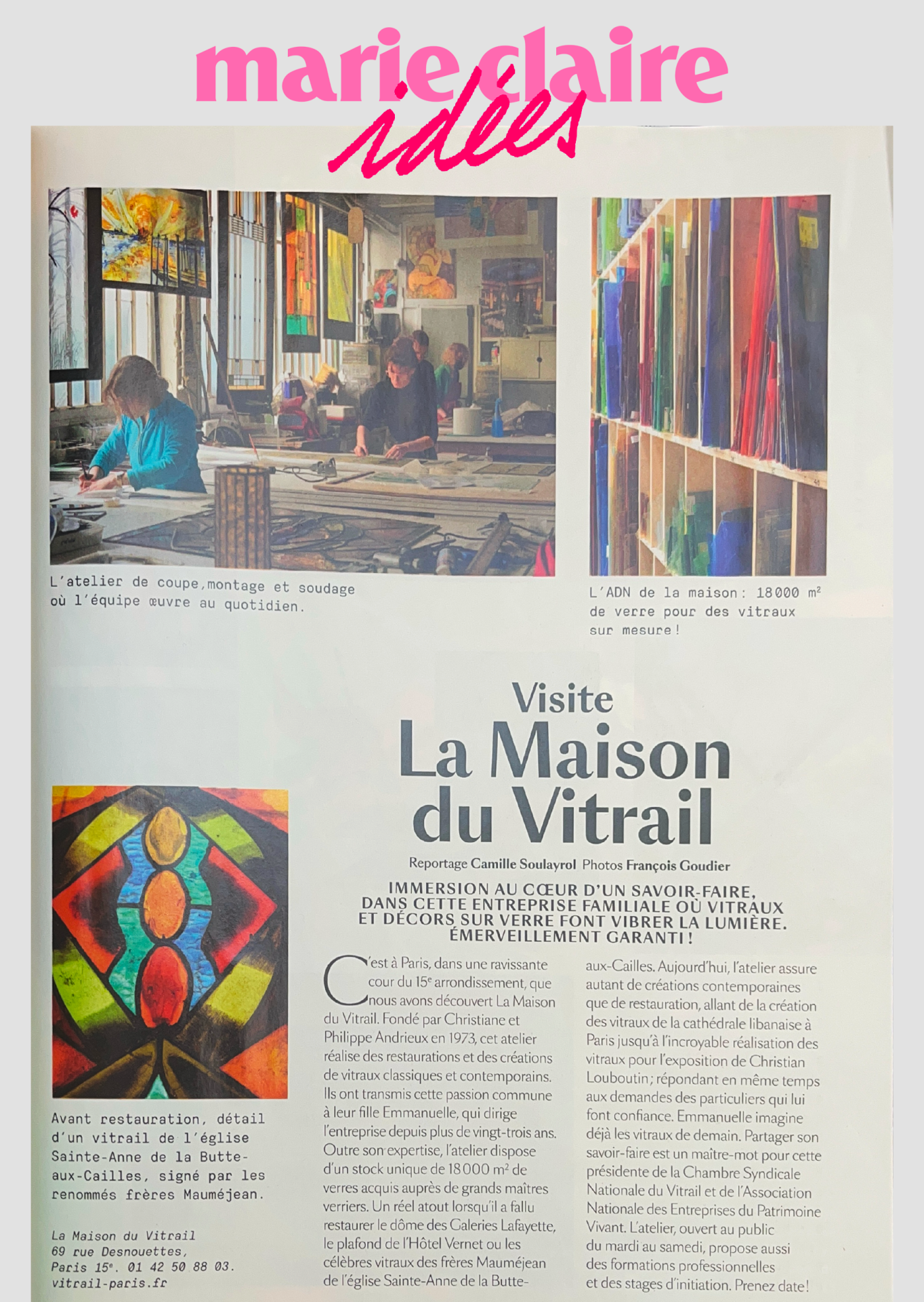 Page du magazine Marie Claire : article sur La Maison du Vitrail ; photos de vitraux et d’un atelier.