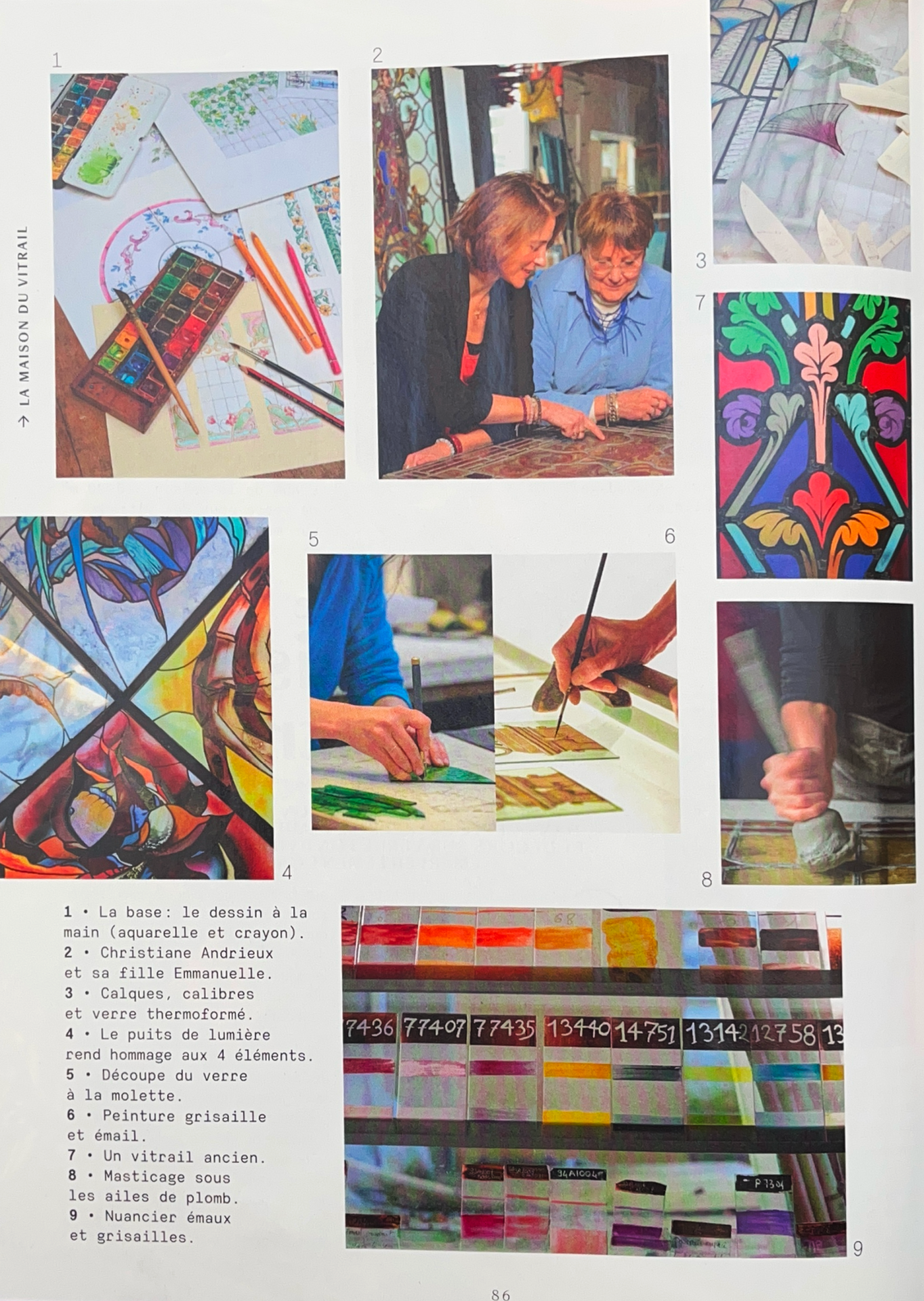 Collage d'œuvres en vitrail : personnes, matériaux, gros plans de projets en cours.