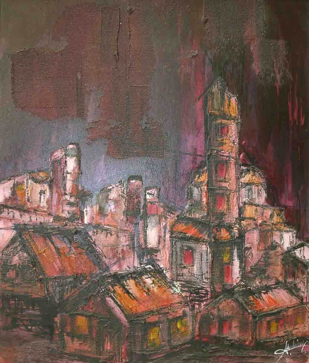 Vitrail impressionniste représentant un paysage urbain avec des bâtiments, une haute tour et un ciel sombre et menaçant.