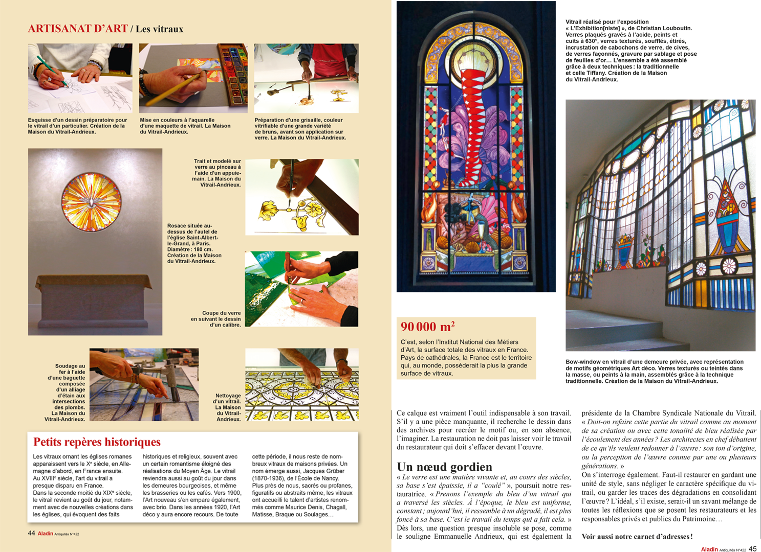 Tutoriel sur l'art du vitrail dans un magazine : découpe, assemblage et exposition des pièces finies.