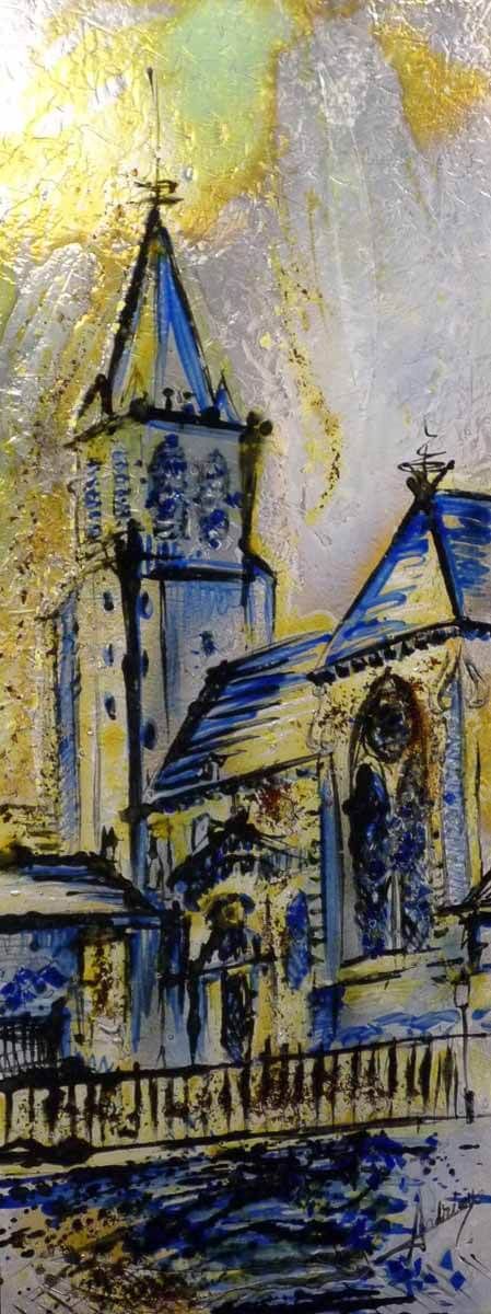 Tableau représentant une église à haute tour. Les teintes bleues et jaunes y sont prédominantes.