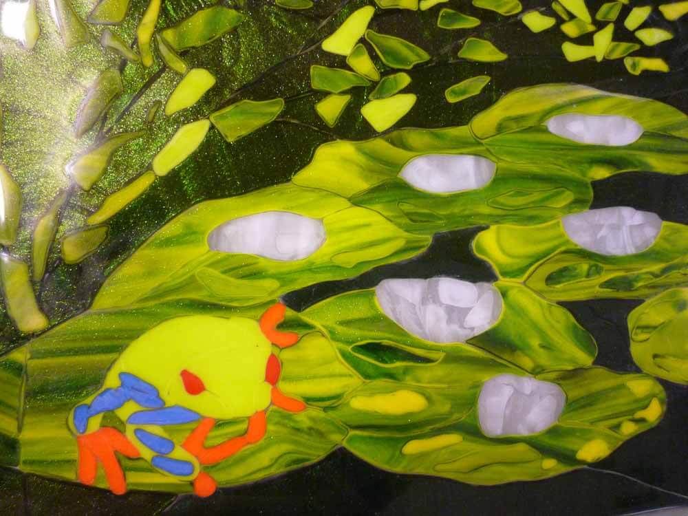 Grenouille jaune sur des nénuphars verts, avec des gouttelettes d'eau transparentes et des feuilles.