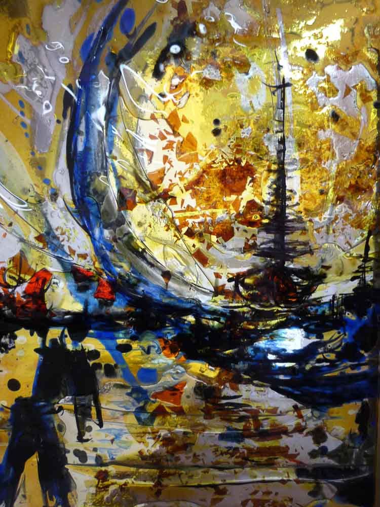 Peinture abstraite d'un bateau en mer, aux teintes bleues et jaunes.