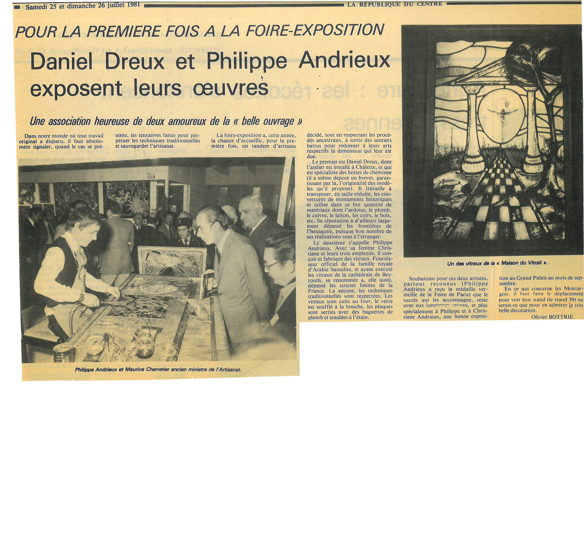 Article de journal : Daniel Dreux et Philippe Andrieux exposent leurs œuvres à une foire. Comprend une photographie et une œuvre d’art.