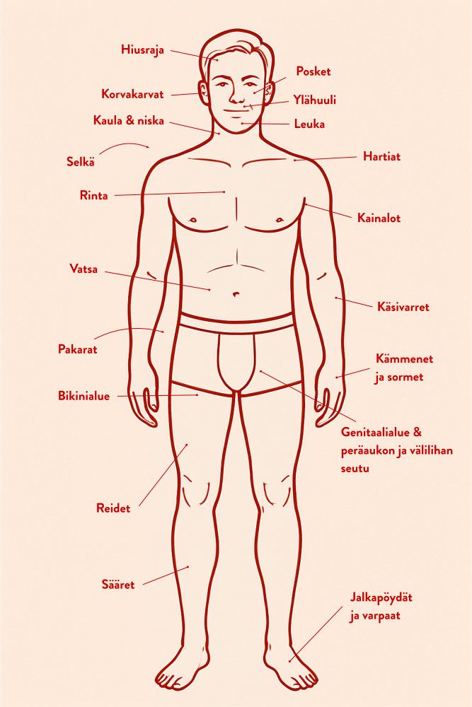 Viivapiirros ihmiskehosta, jossa suomalaiset merkinnät osoittavat eri ruumiinosiin.