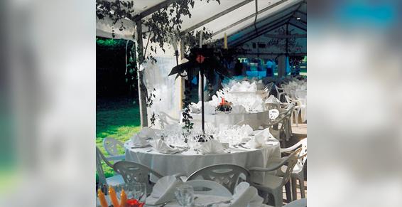 Tables de réception décorée en blanc avec pliage de serviettes.