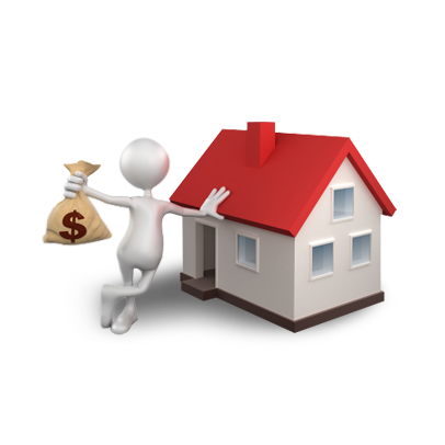 Una figura blanca en 3D se apoya contra una pequeña casa con techo rojo, sosteniendo una bolsa de dinero beige con el símbolo del dólar.