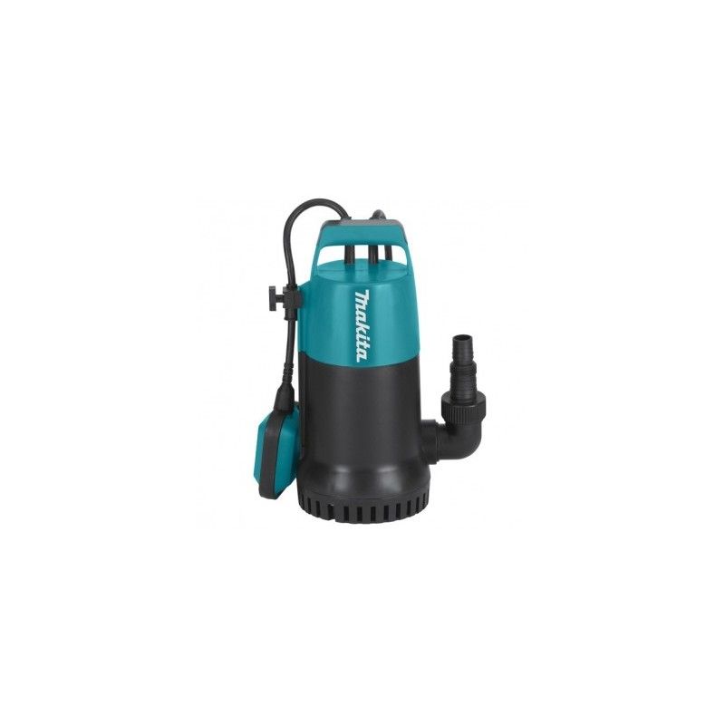 Una pompa sommersa Makita è appoggiata su una superficie bianca.