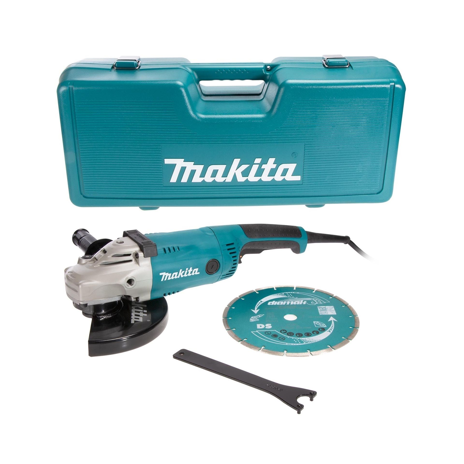 Una smerigliatrice angolare Makita è riposta in una custodia.