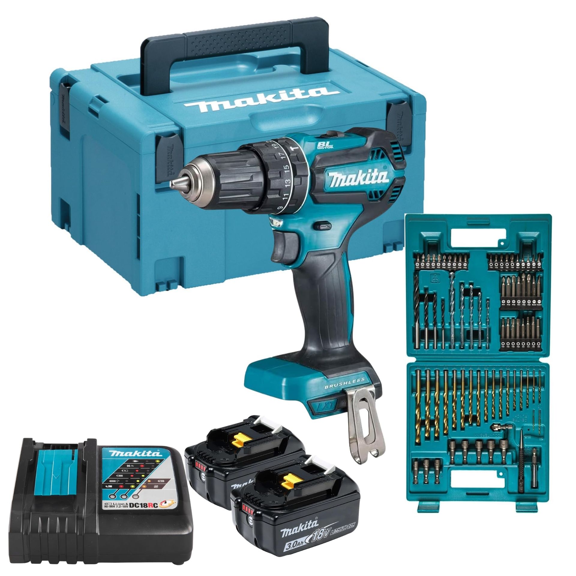 Un trapano a batteria Makita con due batterie e un caricabatterie