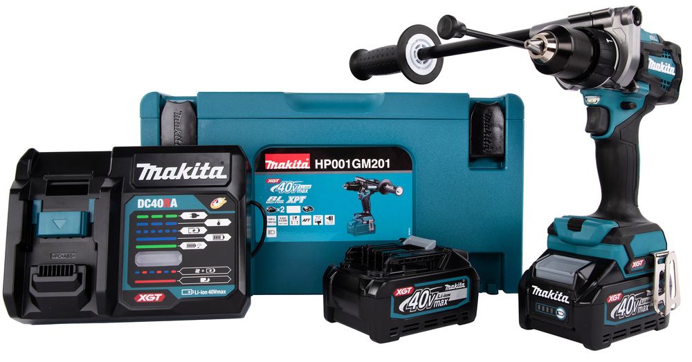 Un trapano a batteria Makita con due batterie e un caricabatterie.