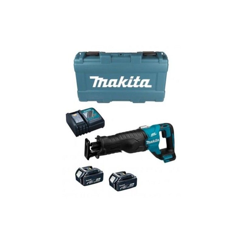 Una sega a batteria Makita con due batterie e un caricabatterie.