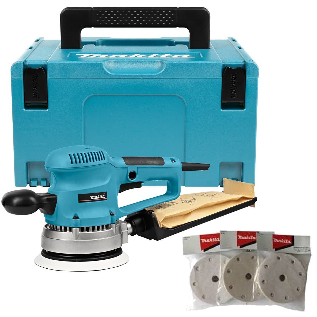 Una levigatrice Makita blu è in una custodia blu