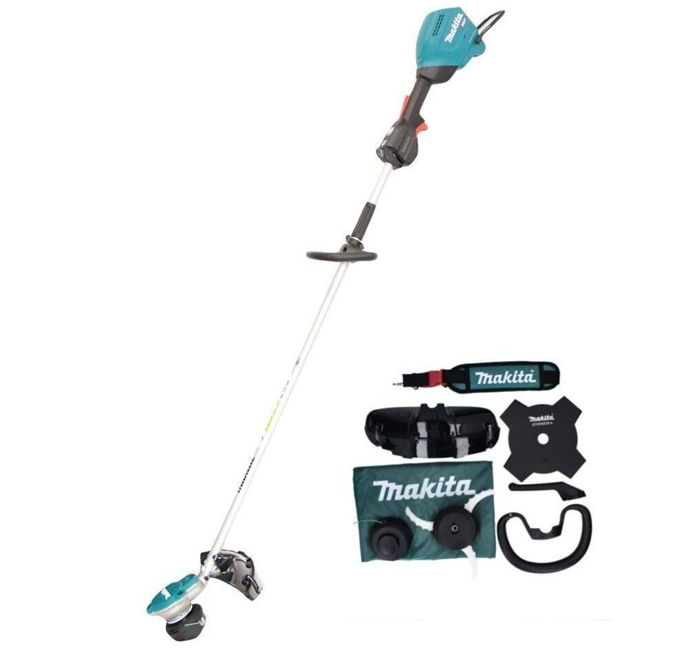 Un decespugliatore Makita è appoggiato su una superficie bianca.