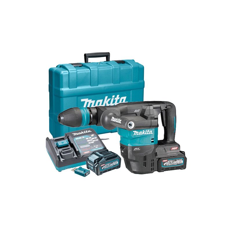 Un trapano a percussione Makita con batteria e caricabatteria in una valigetta.