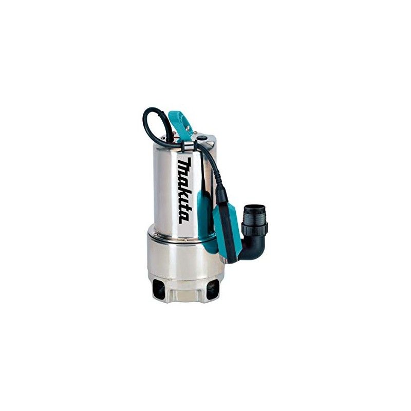 Una pompa sommersa Makita con un tubo flessibile attaccato su uno sfondo bianco.