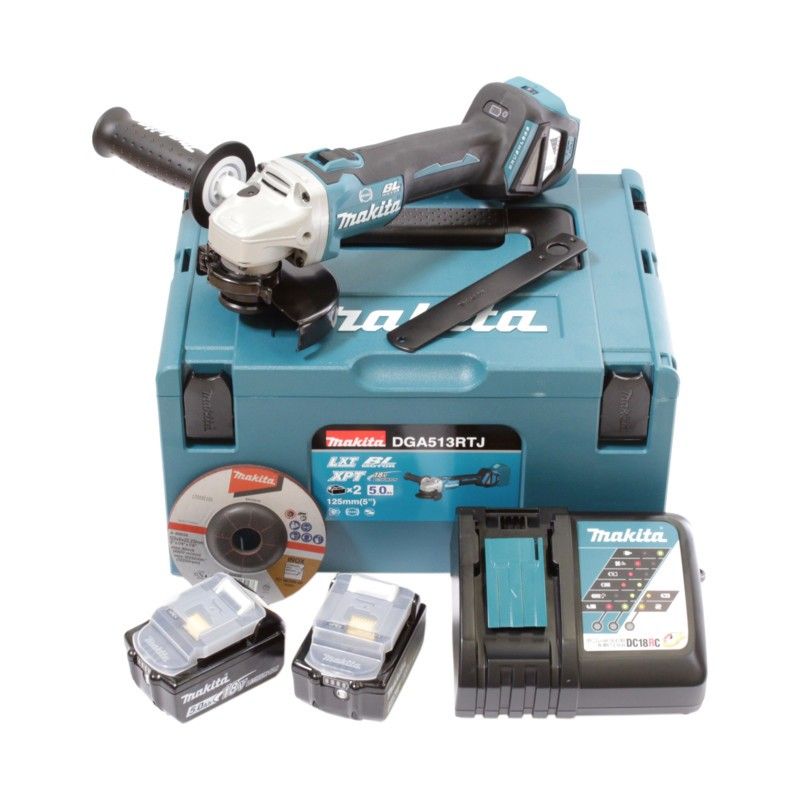 Una smerigliatrice angolare Makita da 18 V senza spazzole è mostrata su uno sfondo bianco.