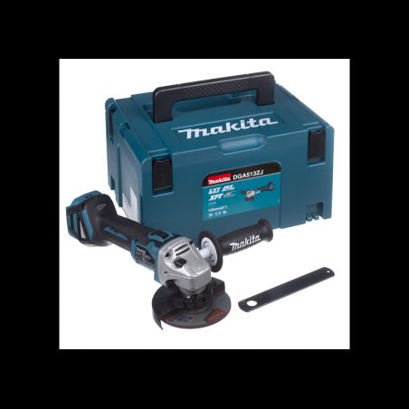 Una smerigliatrice angolare a batteria Makita è appoggiata su una superficie bianca.