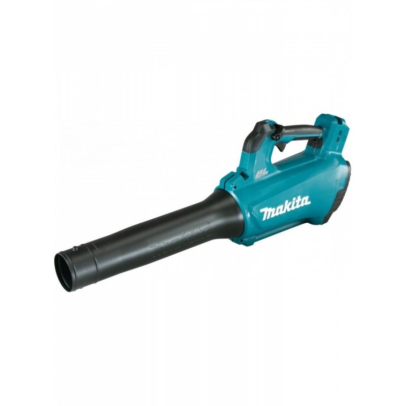 Un soffiatore a batteria Makita è appoggiato su una superficie bianca.