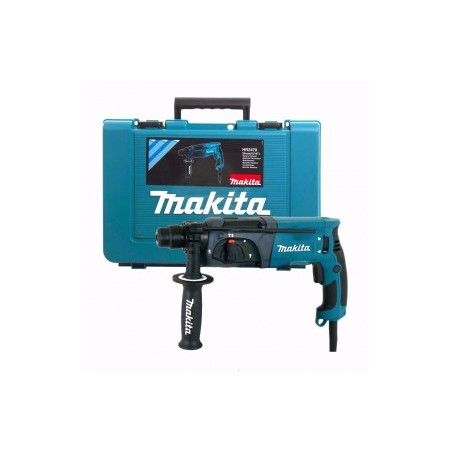 Un trapano a percussione Makita in una custodia su uno sfondo bianco.