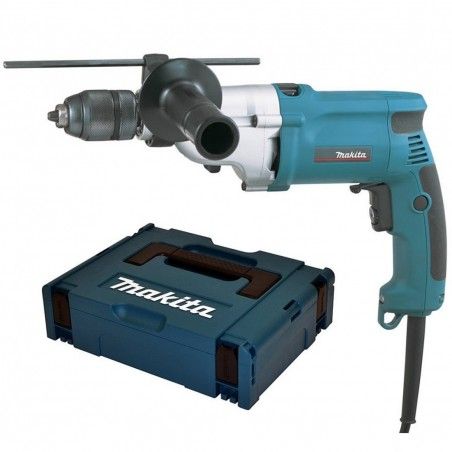 Un trapano a percussione Makita è mostrato su uno sfondo bianco.