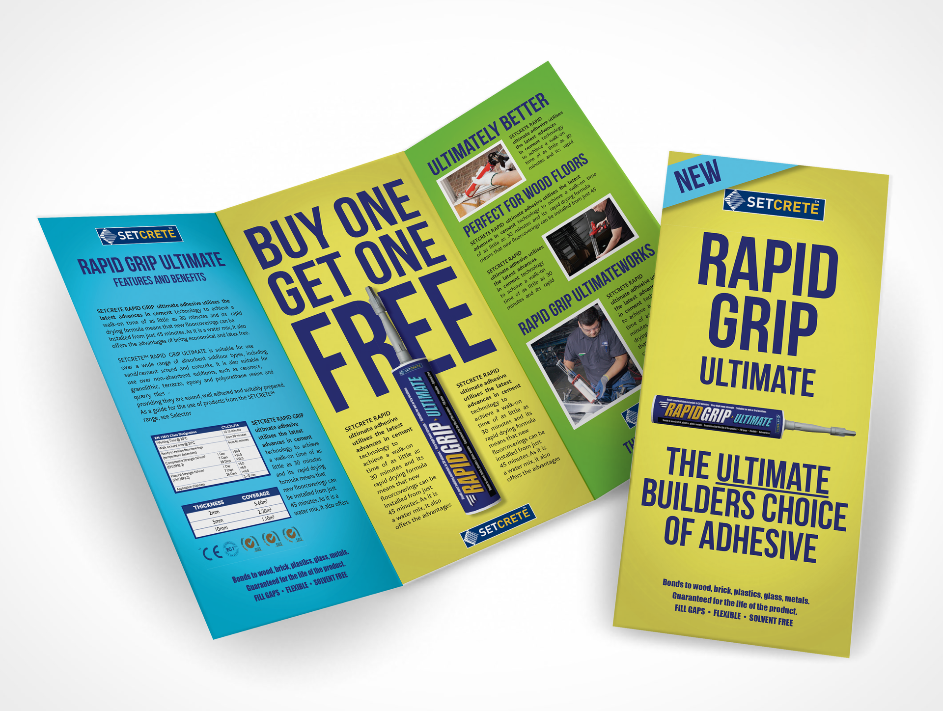 A marketing brochure for Rapid Grip Ultimate adhesive featuring a 