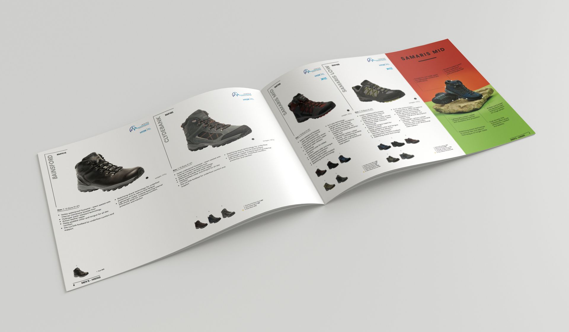 An open product catalog showing multiple black hiking boots against a white background, with a green and red accent page.