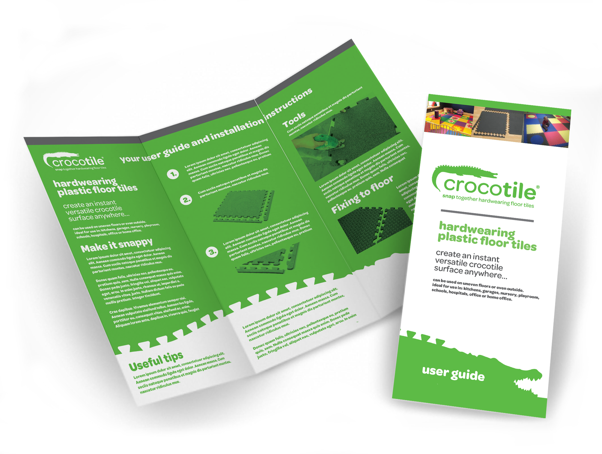 A tri-fold green and white brochure for Crocotile plastic flooring, showing product features and installation steps.