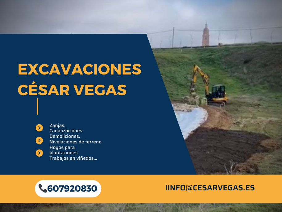 Excavadora trabajando en una obra. El texto indica Excavaciones César Vegas con servicios listados.