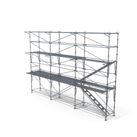 Un modèle 3D d'un échafaudage avec des escaliers sur fond blanc.