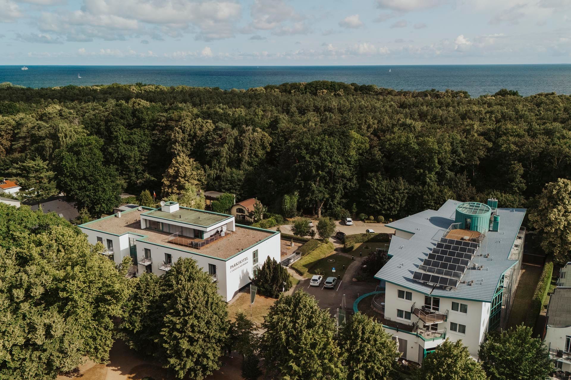 Sonnenbeschienene Stadtkulisse mit herbstlich gefärbten Bäumen, Dächern und einer fernen Kathedrale unter bewölktem Himmel
