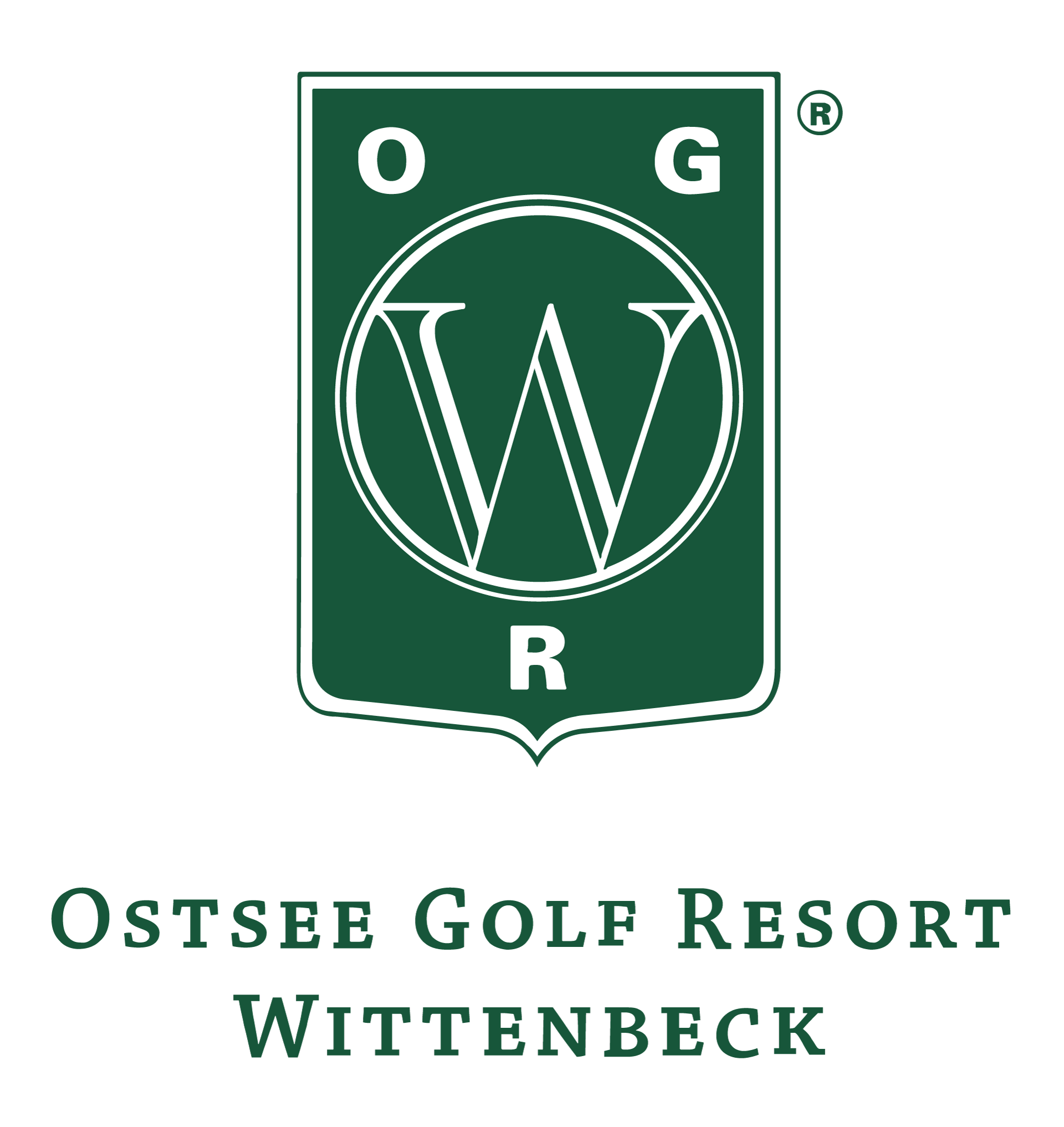 Logo des Ostsee Golf Resort Wittenbeck. Grüner Schild mit „OG“ oben und einem „W“ im Kreis, unten ein „R“. Text darunter.
