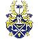 Blaues und goldenes Wappen mit gekröntem Schild und gekreuzten Zierelementen