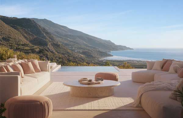 Luxury coastal terrace with lounge seating overlooking the ocean