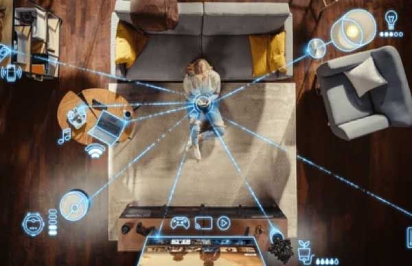 Overhead living room view illustrating connected smart-home technology