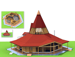 3D-Darstellung eines runden Holzgebäudes mit einem roten konischen Dach und einer zentralen Turmspitze.