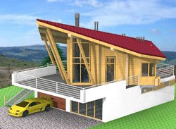 Modernes Holzhaus mit rotem Dach, Balkon, Garage und gelbem Auto in grüner Landschaft.