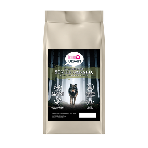 Croquettes 80/20 canard, porc, dinde et bœuf – Le Chien Urbain — sac de face avec étiquette avant — 2 kg
