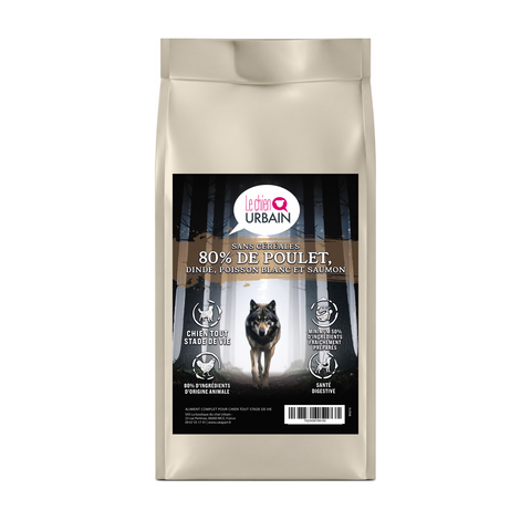 Croquettes 80/20 poulet, dinde et poissons – Le Chien Urbain — sac de face avec étiquette avant — 2 kg