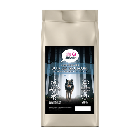Croquettes 80/20 saumon et poissons – Le Chien Urbain — sac de face avec étiquette avant — 2 kg