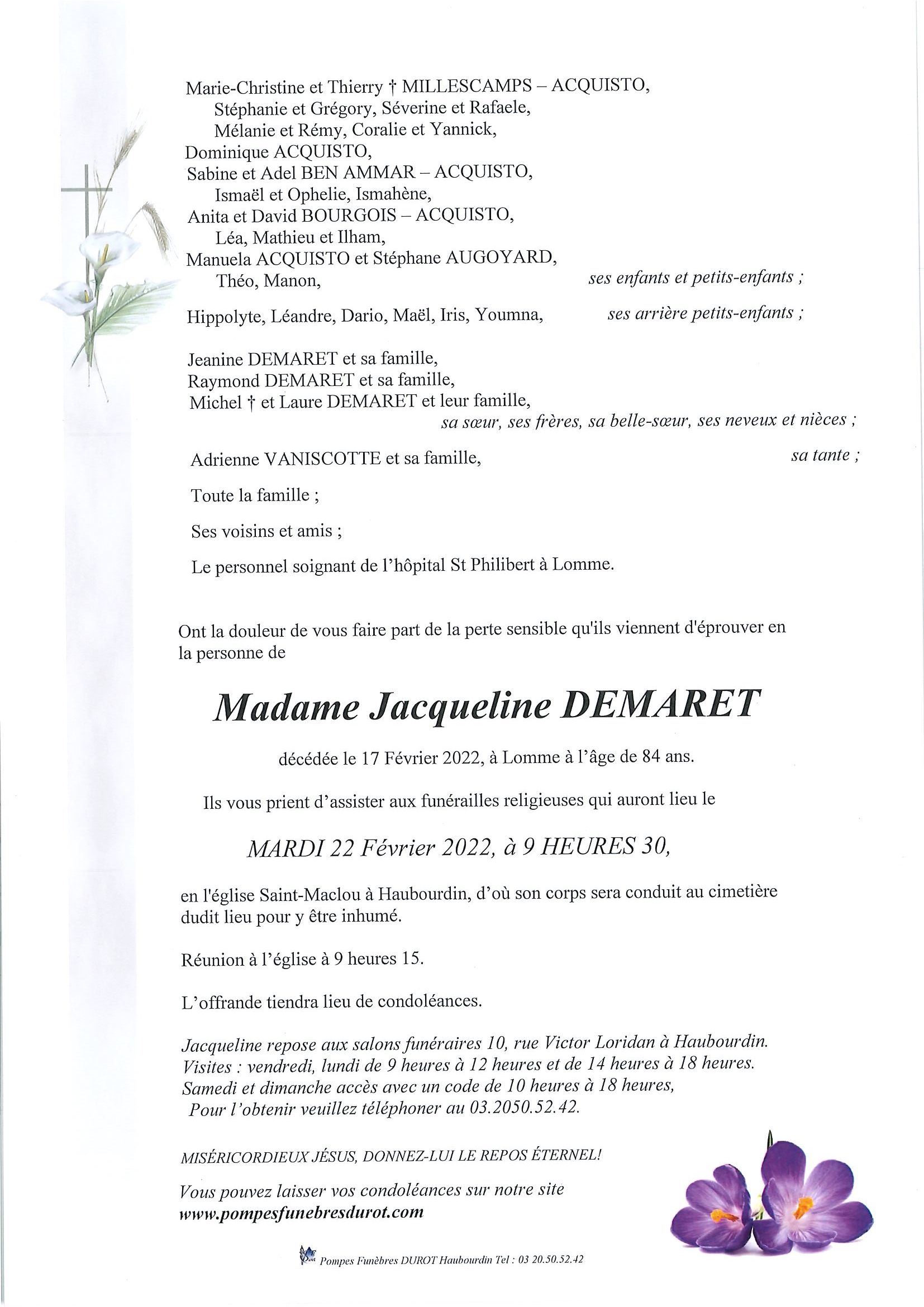 Pompes Funebres Durot A Haubourdin Faire Part