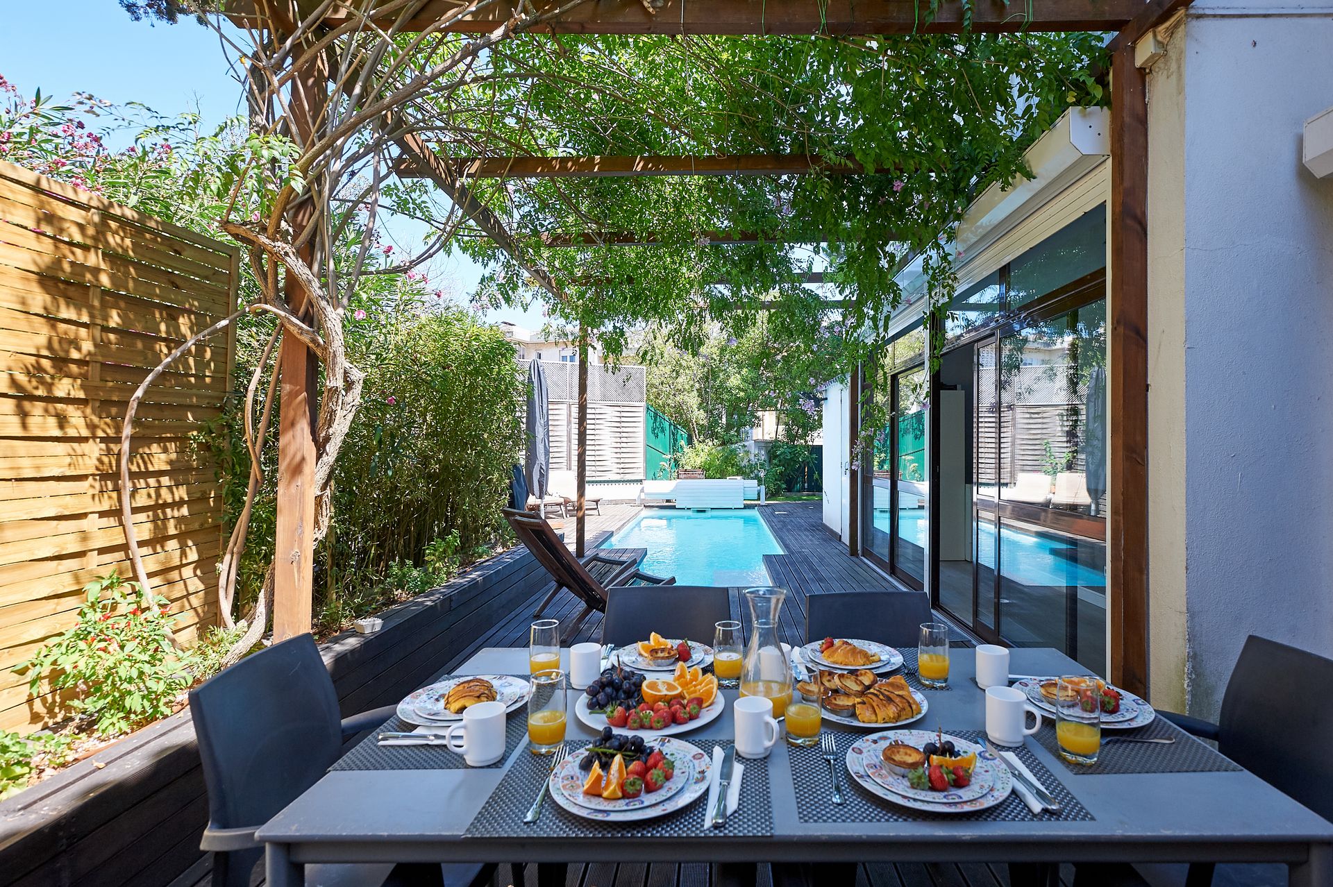 A table with plates of food on it in front of a pool.