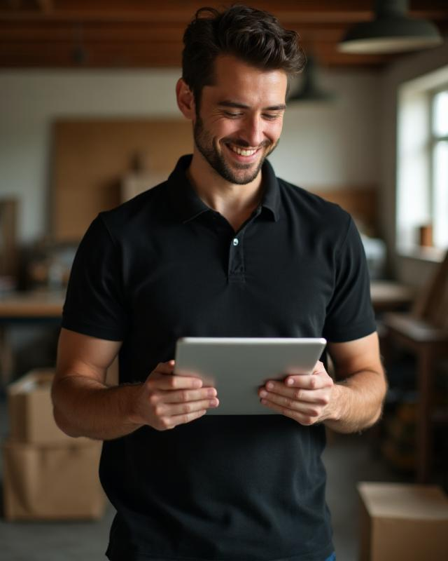 Homme en polo noir, souriant, tenant et regardant une tablette dans un atelier.