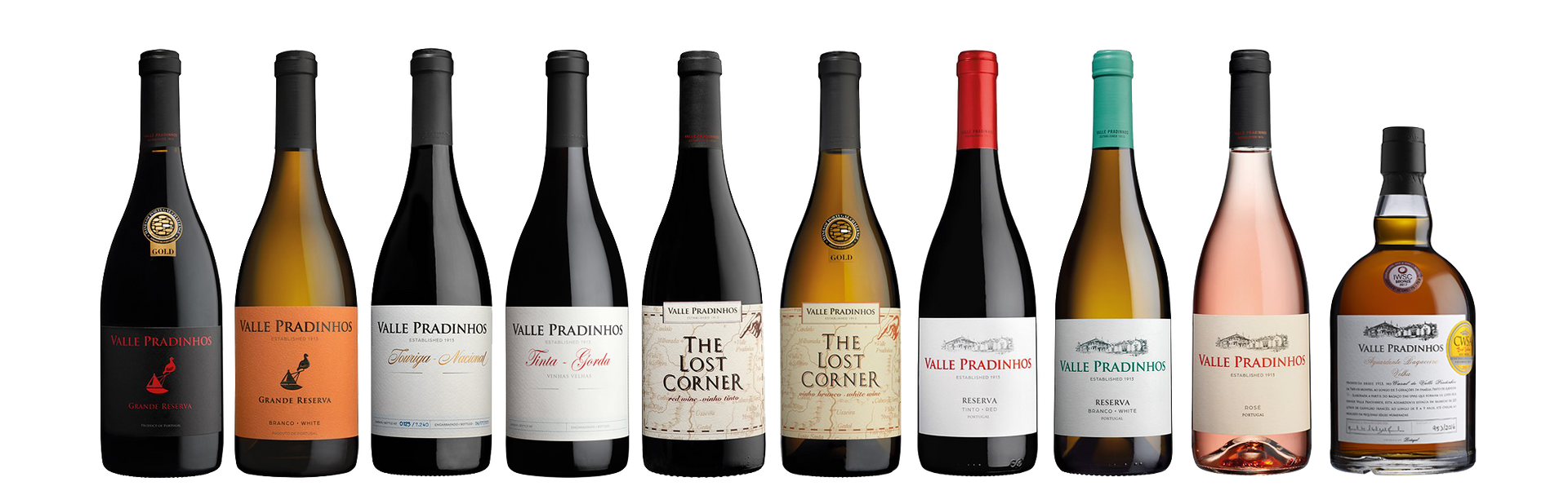 Várias garrafas de vários tipos de vinho da Valle Pradinhos