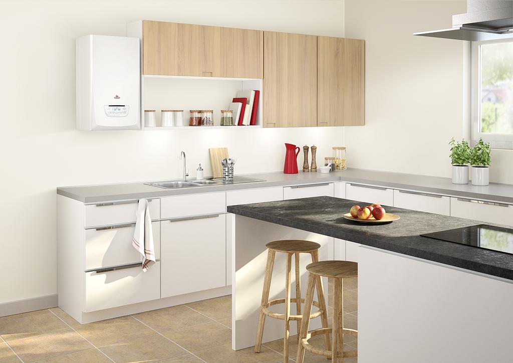 Installation de chaudière dans une cuisine, blanche