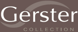 Logo der Gerster Collection mit weißem Text auf braunem Hintergrund, einschließlich einer gewölbten Form über „Gerster“.