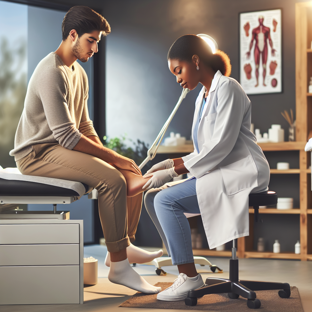 Realistic stock image of podiatrist examining patient's foot.