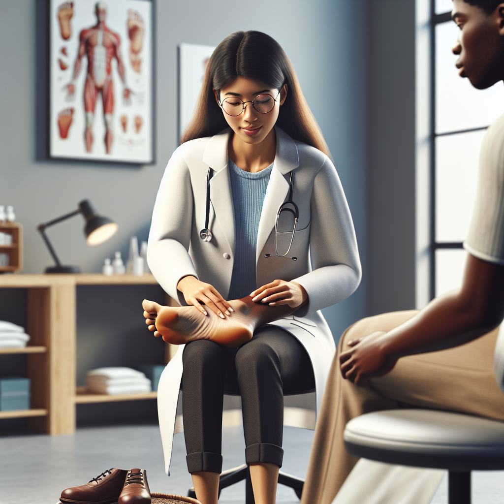 Realistic image of a podiatrist examining a foot.